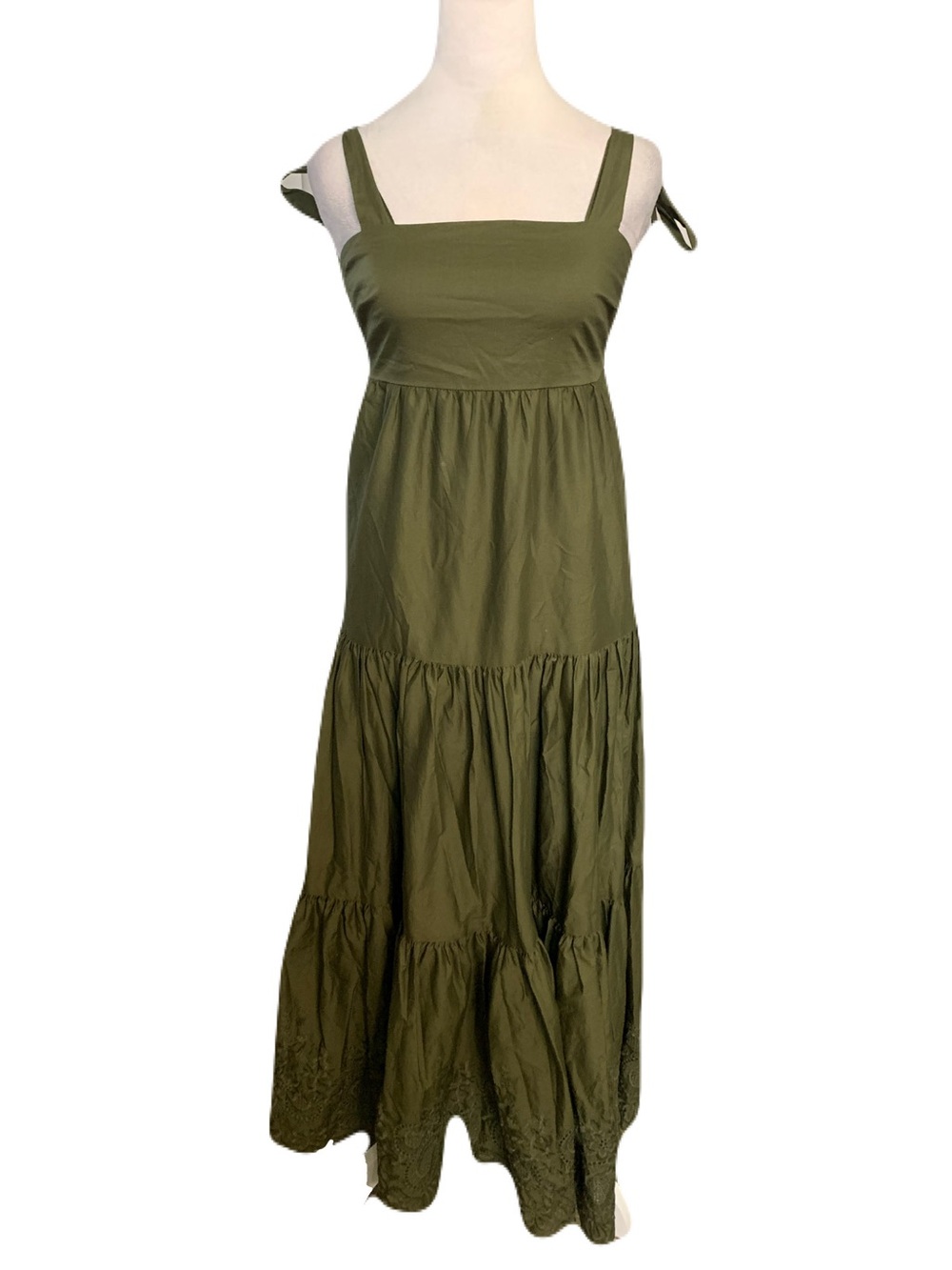 Jason Wu Women’s XS Olive Green Tiered Eyelet Lace Hem Midi Dress Square Neck